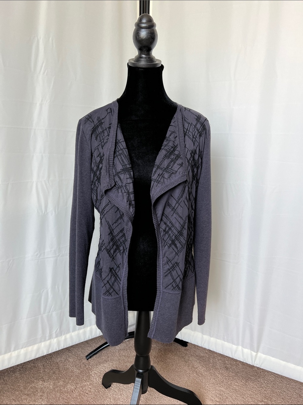 NIC+ZOE Charcoal Gray Draped Open-Front Cardigan With Embroidered Details